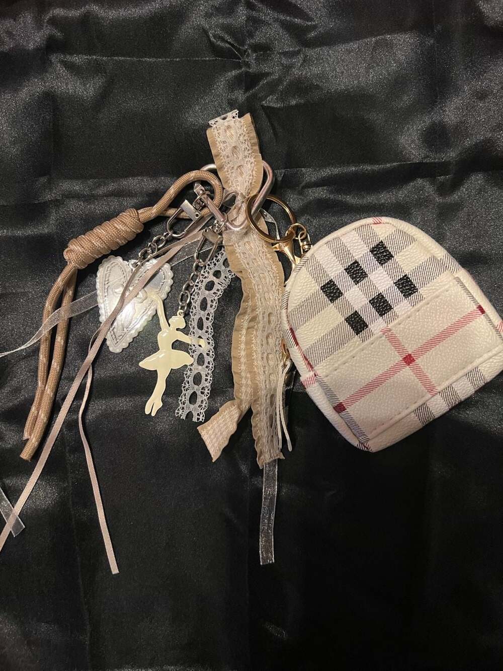 Coquette Bag Charm With Plaid Mini Backpack Lace Ribbon Heart And Ballerina